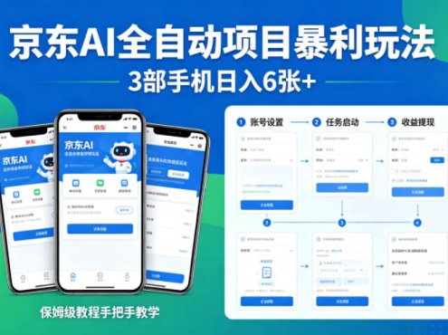 京东AI全自动项目暴利玩法，3部手机日入6张+，保姆级教程手把手教学【揭秘】