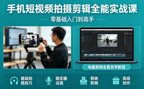 手机短视频拍摄剪辑全能实战课：零基础入门到高手，稳定器运镜+电脑剪映全套自学教程