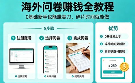 海外问卷賺钱全教程，0基础新手也能賺美刀，碎片时间就能做