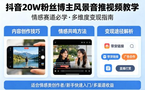 抖音20W粉丝博主风景音推视频教学，情感赛道必学，各种变现途径