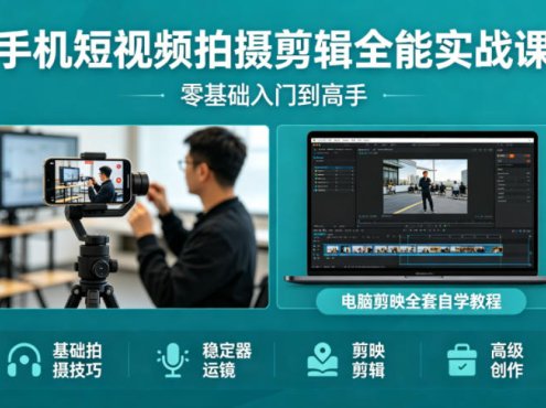 手机短视频拍摄剪辑全能实战课：零基础入门到高手，稳定器运镜+电脑剪映全套自学教程