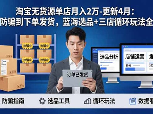 淘宝无货源5.0单店月入2万-更新4月：开店防骗到下单发货，蓝海选品+三店循环玩法全掌握