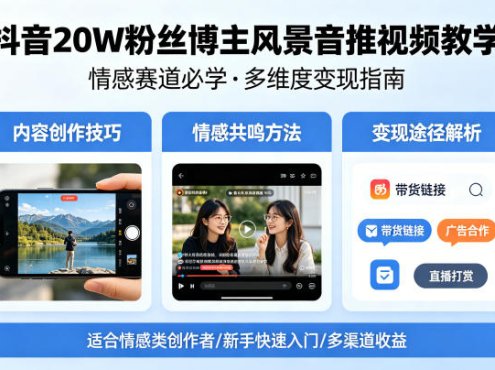抖音20W粉丝博主风景音推视频教学，情感赛道必学，各种变现途径