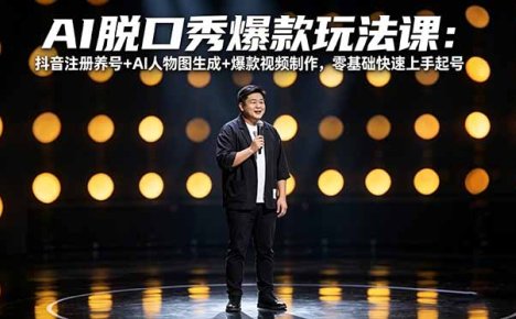 AI脱口秀爆款玩法课：抖音注册养号+AI人物图生成+爆款视频制作，零基础快速上手起号