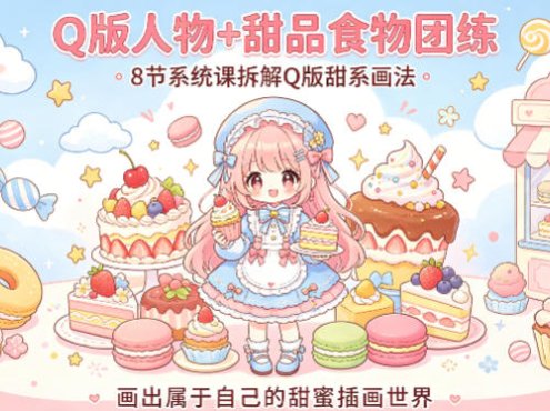 Q版人物+甜品食物团练，8节系统课拆解Q版甜系画法，画出属于自己的甜蜜插画世界