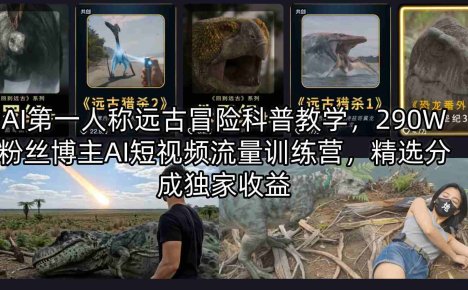 AI第一人称远古冒险科普教学，290W粉丝博主AI短视频流量训练营，精选分成独家收益