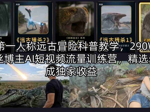 AI第一人称远古冒险科普教学，290W粉丝博主AI短视频流量训练营，精选分成独家收益