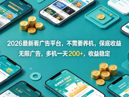 2026最新看广告平台，不需要养机，保底收益，无限广告，多机一天200+，收益稳定【揭秘】