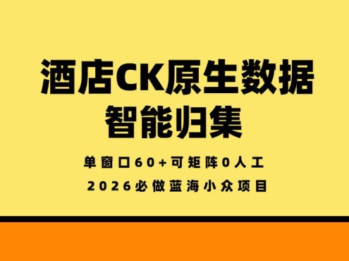 酒店CK原生数据智能归集，单窗口60+可矩阵0人工，2026必做蓝海小众项目【揭秘】