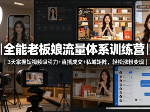 全能老板娘流量体系训练营｜3天掌握短视频吸引力+直播成交+私域矩阵，轻松涨粉变现