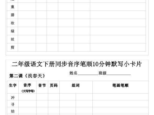 二年级下语文生字音序音节页码组词笔顺练习