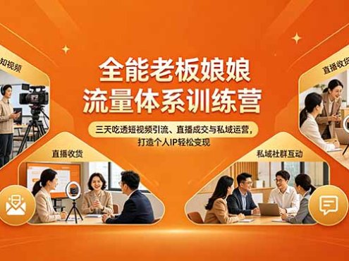 全能老板娘流量体系训练营，三天吃透短视频引流、直播成交与私域运营，打造个人IP轻松变现