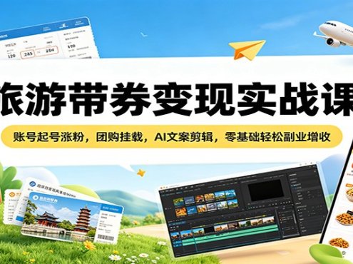 旅游带券变现实战课：账号起号涨粉，团购挂载，AI文案剪辑，零基础轻松副业增收