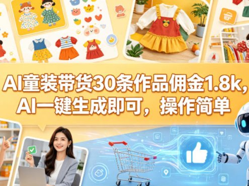 AI童装带货30条作品佣金1.8k，AI一键生成即可，操作简单