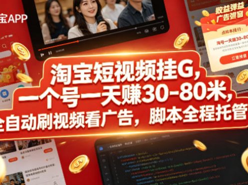 淘宝短视频挂G，一个号一天 賺30-80米，全自动刷视频看广告，脚本全程托管【揭秘】