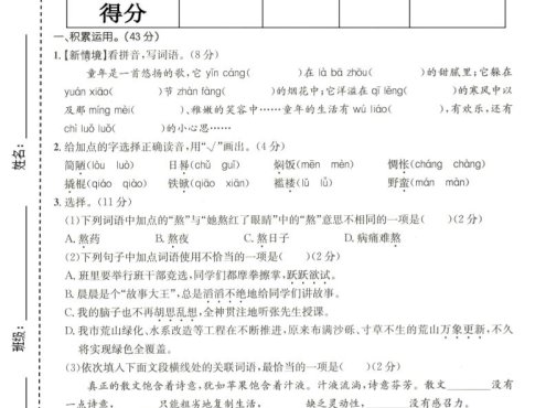六年级下语文期中质量检测卷