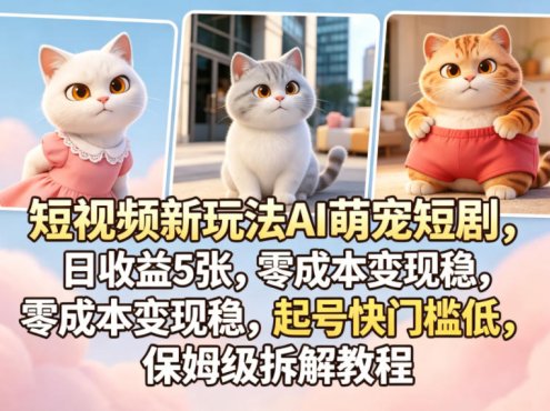 短视频新玩法AI萌宠短剧，日收益5张，零成本变现稳，起号快门槛低，保姆级拆解教程