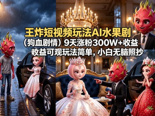 王炸短视频玩法AI水果剧(狗血剧情)9天涨粉300W+收益可观玩法简单，小白无脑照抄，详细拆解玩法