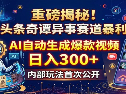 重磅揭秘！今日头条奇谭异事赛道暴利玩法：AI自动生成爆款视频，日入300+