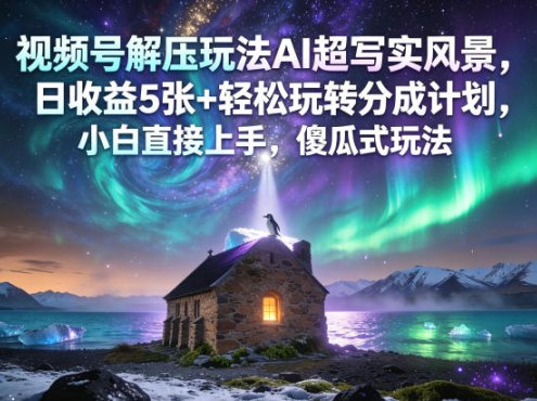 视频号解压玩法AI超写实风景，日收益5张+轻松玩转分成计划，小白直接上手，傻瓜式玩法