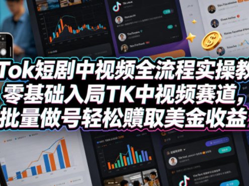 TikTok短剧中视频全流程实操教学，零基础入局TK中视频赛道，批量做号轻松賺取美金收益