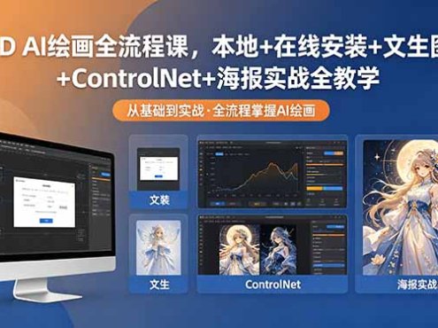 SD AI绘画全流程课,本地+在线安装+文生图+ControlNet+海报实战全教学