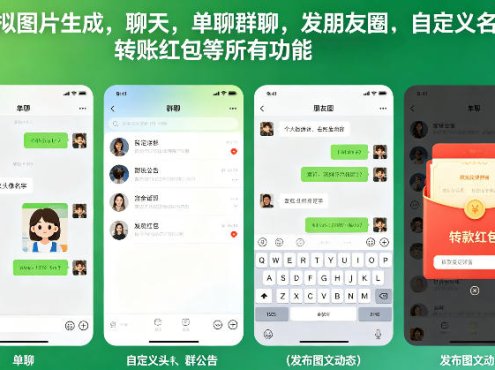 微信模拟图片生成，聊天，单聊群聊，发朋友圈，自定义名字头像，转账红包等所有功能都可以生成