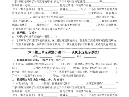 六年级下语文第三单元课堂小测
