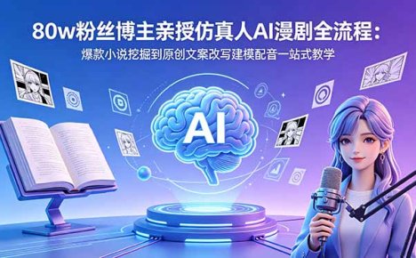 80w粉丝博主亲授仿真人AI漫剧全流程:爆款小说挖掘到原创文案改写建模配音一站式教学