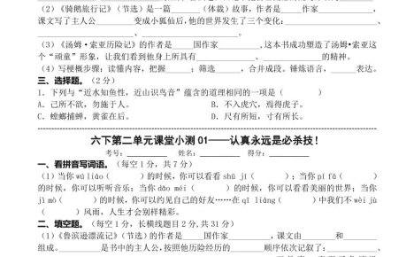 六年级下语文第二单元课堂小测