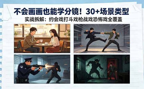 不会画画也能学分镜！30+场景类型实战拆解：约会戏打斗戏枪战戏恐怖戏全覆盖