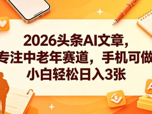 2026头条AI文章，专注中老年赛道，手机可做，小白轻松日入3张