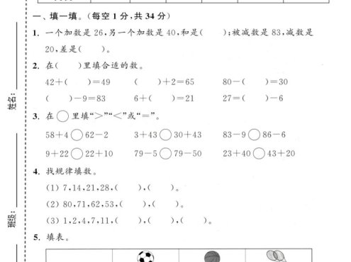 一年级下数学第五单元拔尖测试卷《苏教版》
