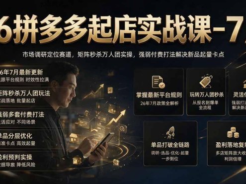 26拼多多起店实战课-7月｜市场调研定位赛道，矩阵秒杀万人团实操，强弱付费打法解决新品起量卡点