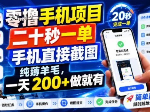 零撸手机项目，二十秒一单，手机直接截图，纯薅羊毛，一天200+做就有【揭秘】