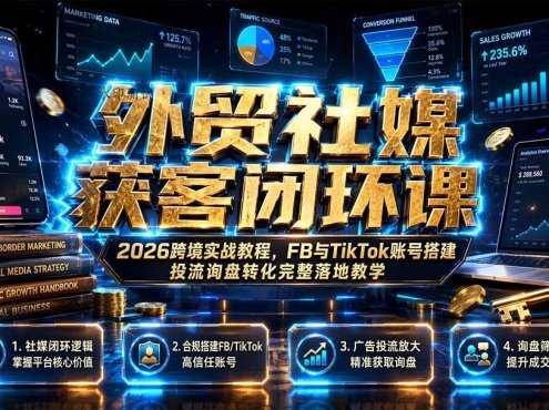 外贸社媒获客闭环课｜2026跨境实战教程，FB与TikTok账号搭建投流询盘转化完整落地教学