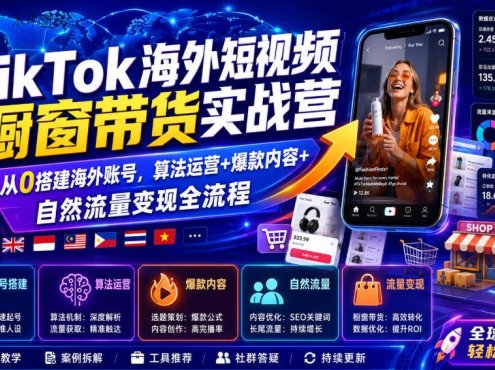 TikTok海外短视频橱窗带货实战营｜从0搭建海外账号，算法运营+爆款内容+自然流量变现全流程