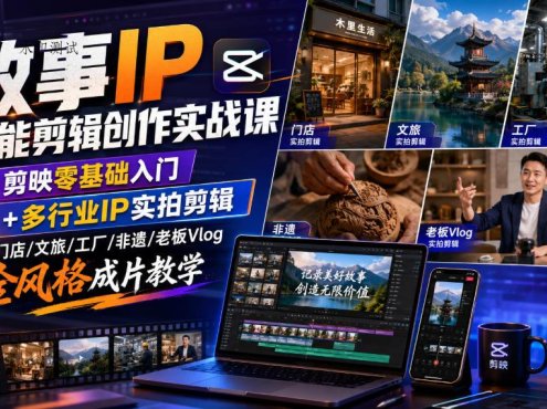 故事IP全能剪辑创作实战课｜剪映零基础入门+多行业IP实拍剪辑，门店/文旅/工厂/非遗/老板Vlog全风格成片教学