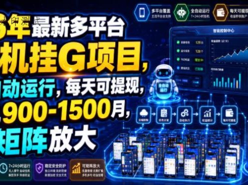 26年最新多平台手机挂G项目，全自动运行，每天可提现，单机900-1500月，可矩阵放大【揭秘】