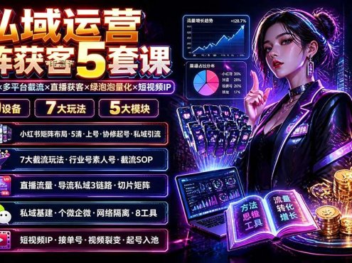 私域运营矩阵获客5套课:小红书量化×多平台截流×直播获客×绿泡泡量化×短视频IP×20设备×7大玩法