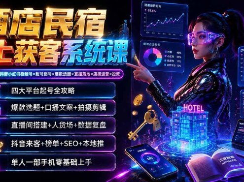 酒店民宿线上获客系统课：6年讲师亲授×抖音小红书视频号×账号起号×爆款选题×直播落地×店铺运营×投流