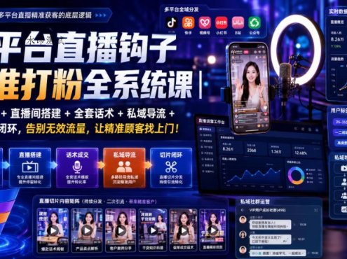 多平台直播钩子精准打粉全系统课｜标签打法+直播间搭建+全套话术+私域导流+直播切片闭环，告别无效流量，让精准顾客找上门！