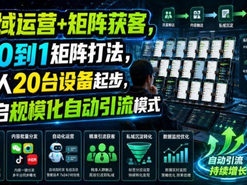 私域运营+矩阵获客，从0到1矩阵打法，一人20台设备起步，开启规模化自动引流模式！