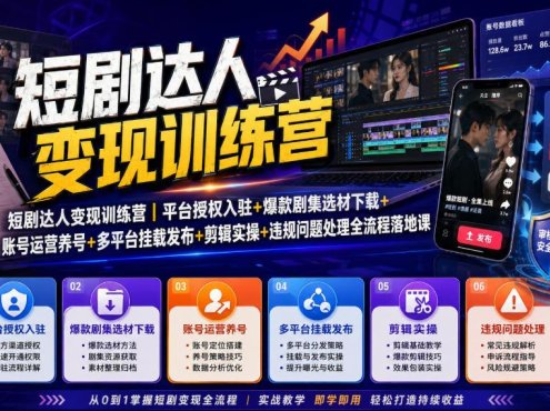 短剧达人变现训练营｜平台授权入驻+爆款剧集选材下载+账号运营养号+多平台挂载发布+剪辑实操+违规问题处理全流程落地课