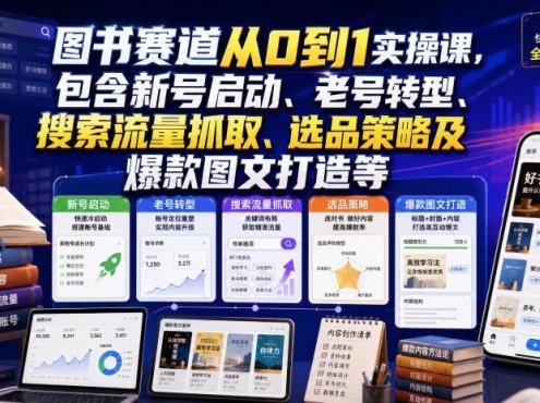 图书赛道从0到1实操课，包含新号启动、老号转型、搜索流量抓取、选品策略及爆款图文打造等