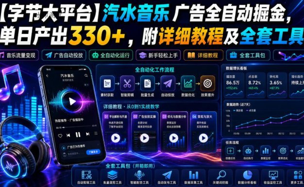 【字节大平台】汽水音乐广告全自动掘金，单日产出330+，附详细教程及全套工具【揭秘】