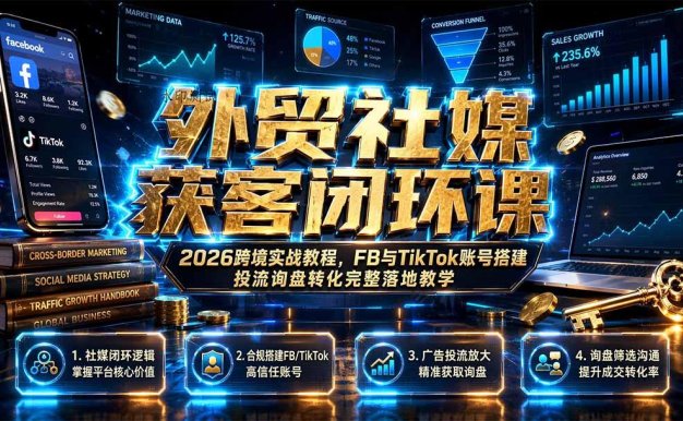 外贸社媒获客闭环课｜2026跨境实战教程，FB与TikTok账号搭建投流询盘转化完整落地教学